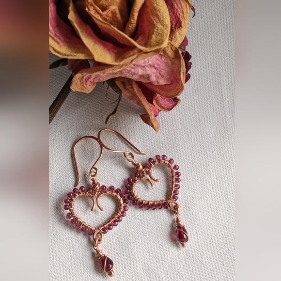 Garnet Heart Earrings Artisan Crafted Copper Design Dangle Drop - Picture 5 of 16